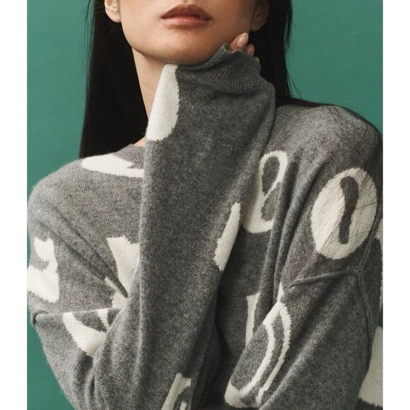 ANTHROPOLOGIE Alani Cashmere Mock-Neck Sweater Pilcro Sz Medium Grey Love Hearts - Picture 3 of 10